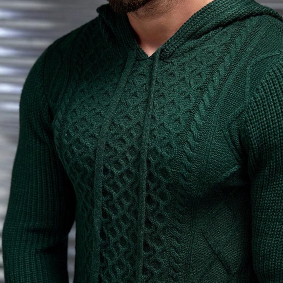 Dark Green Cable Knit Drawstring Hooded Sweater - Picture 2 of 5